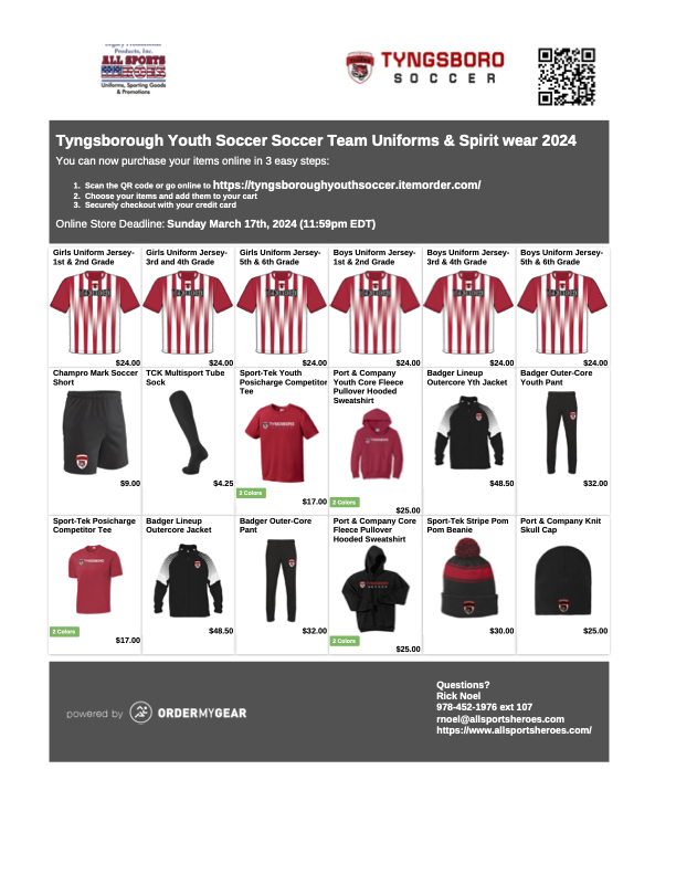 Tyngsborough Youth Soccer Soccer Team Uniforms & Spirit wear 2024