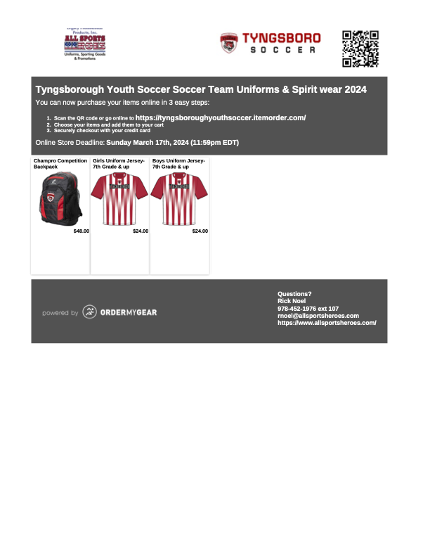 Tyngsborough Youth Soccer Soccer Team Uniforms & Spirit wear 2024